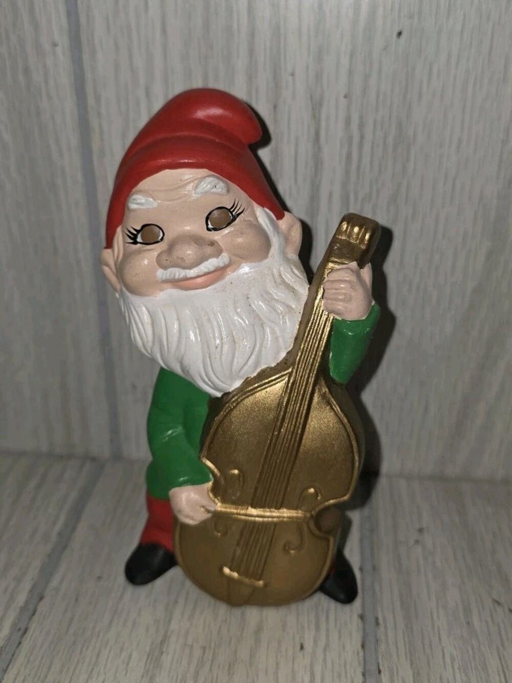 Vintage Christmas Gnome Elf Playing Bass Guitar Instrument Hand Painted Kitschy